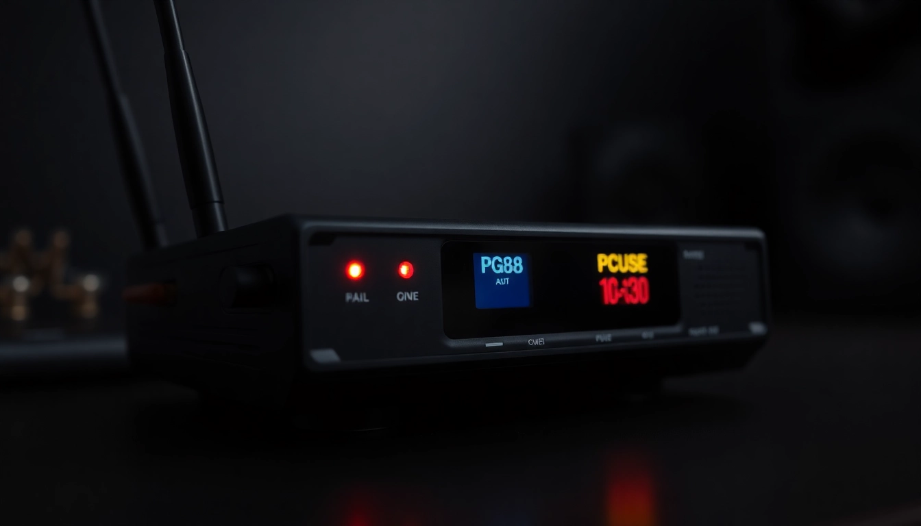 High-quality PG88 wireless microphone receiver with LED indicators on dark studio background, highlighting professional audio equipment.