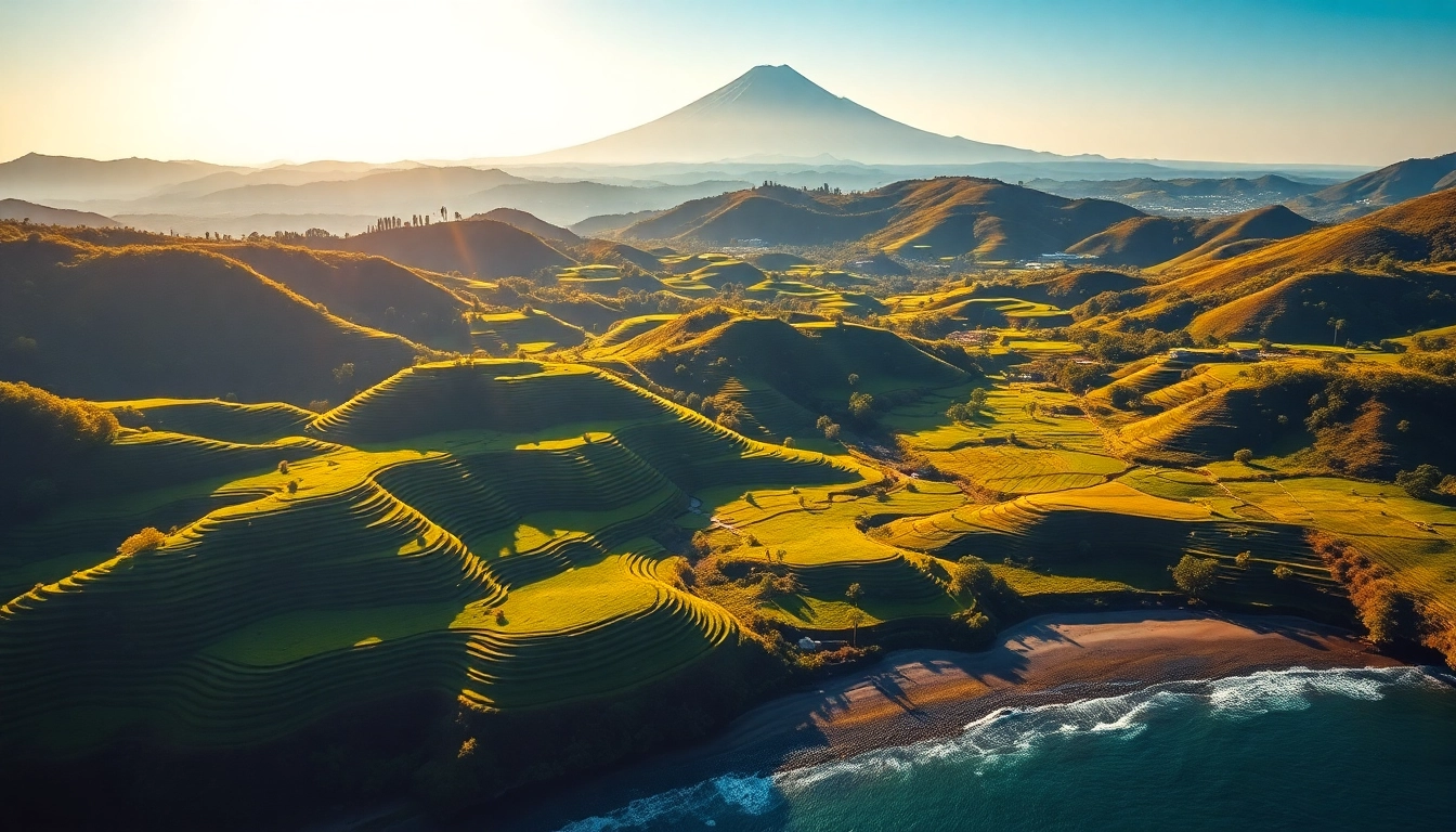 Lombok landscape showing Mount Rinjani, tropical beaches, and lush greenery, inviting adventure and natural beauty.