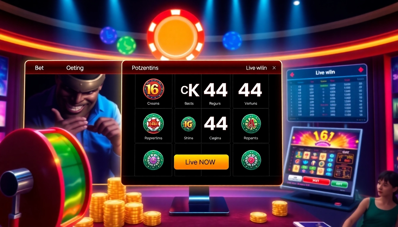 Interactive ck4444 bet scene with digital chips, betting slip, and colorful slot machines for online gaming enthusiasts.