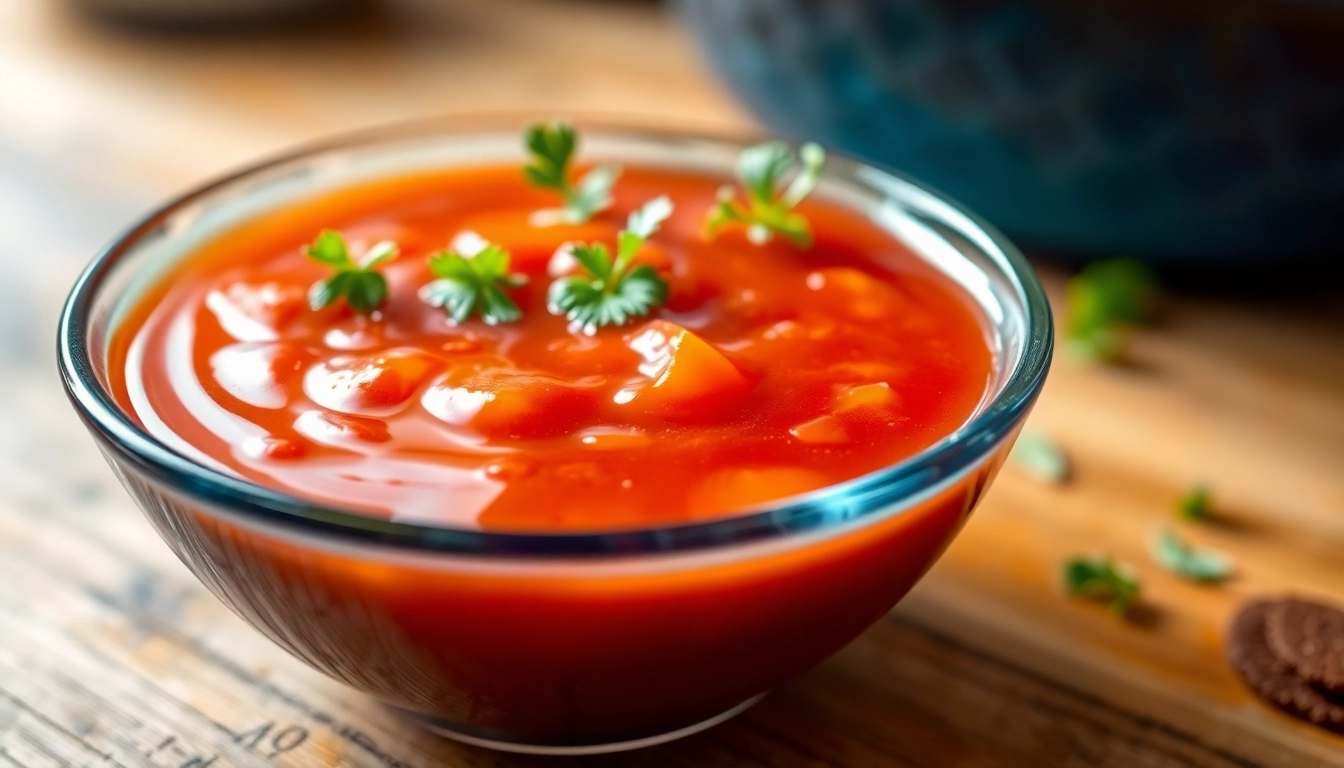 High-quality Sweet & Sour Sauce served in a bowl with fresh herbs, showcasing its bright color