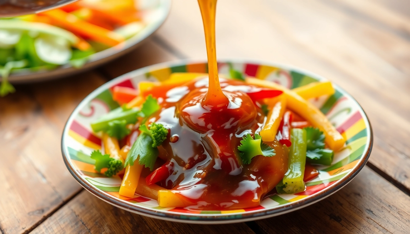 Delicious sweet & sour sauce drizzling over stir-fried vegetables, showcasing glossy texture